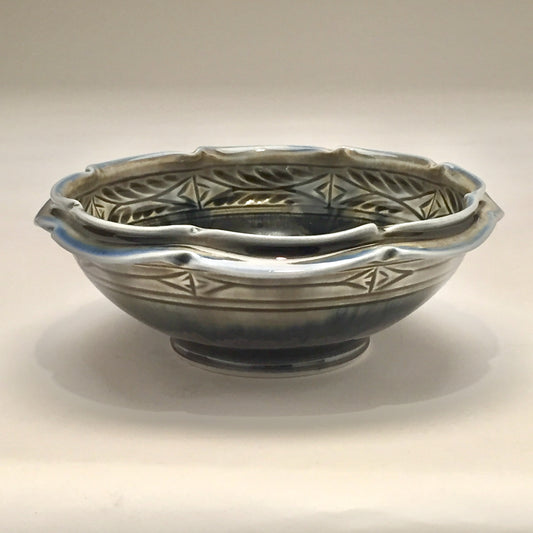 Bowl, Flower - Shiny black, carved, by Kathryne Koop
