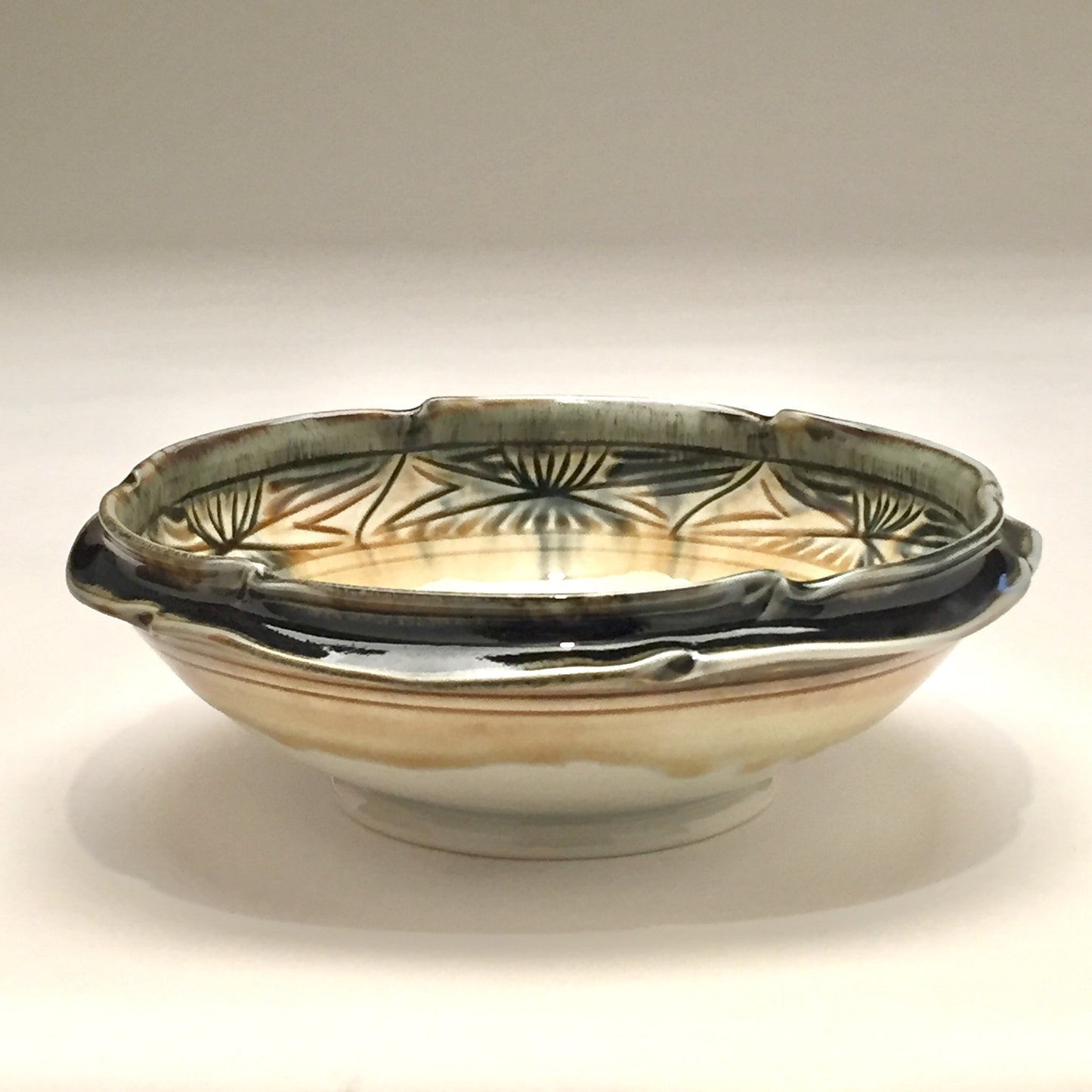 Bowl - Pale yellow, split rim, carved bowl, by Kathryne Koop